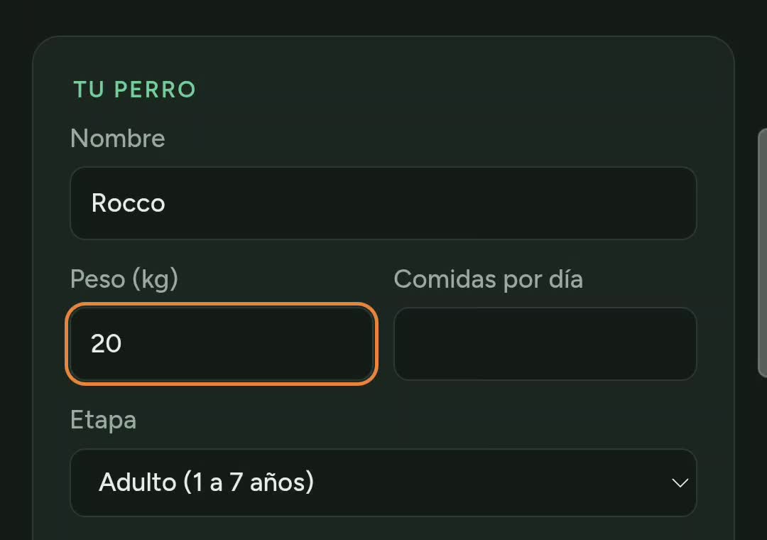 Formulario de la app con el peso del perro