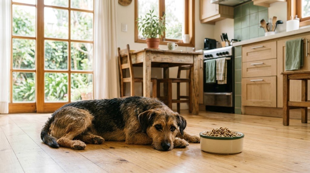 Perro echado junto a un bowl de balanceado sin tocar